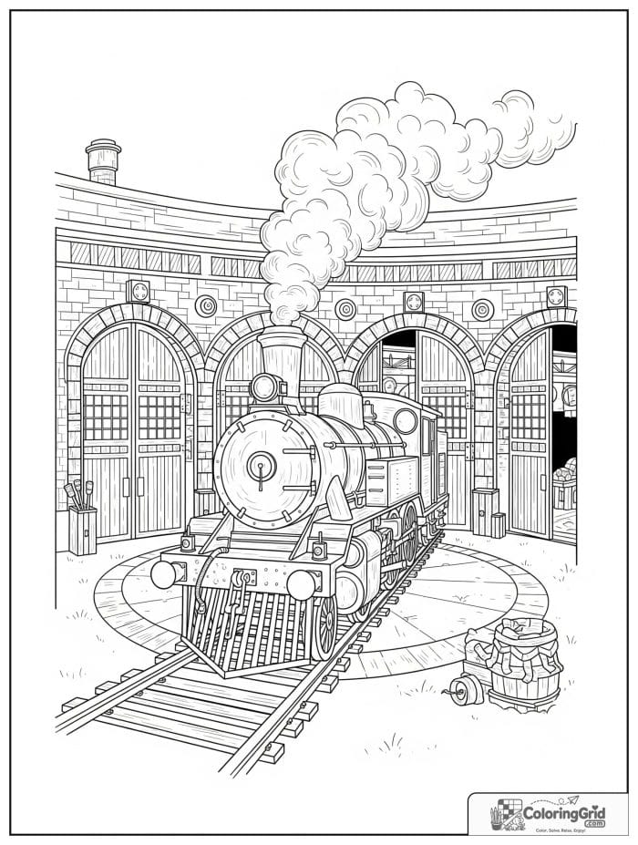 Train engine near a roundhouse in black and white artwork.