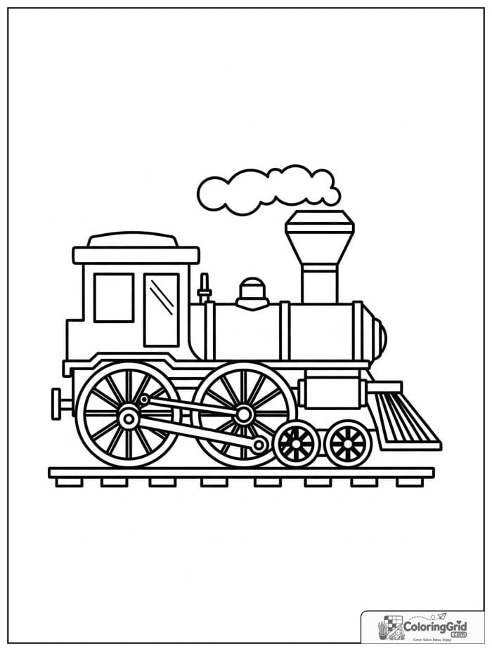 Simple side view train engine in black and white line art.