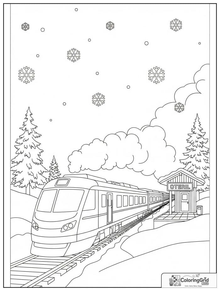 Winter train in a snowy landscape in black and white.