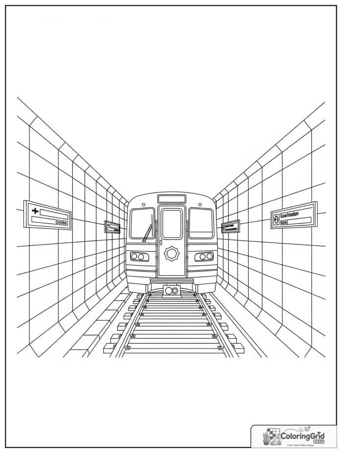 Subway train at an underground platform in black and white.