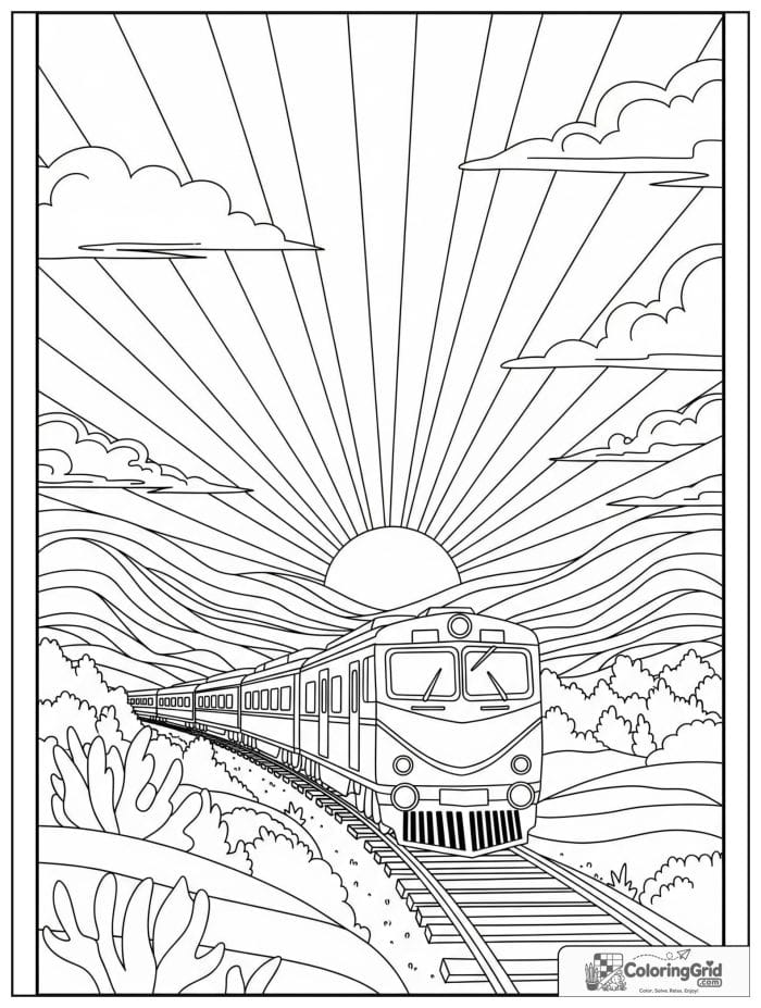 Train at sunrise in black and white line art.
