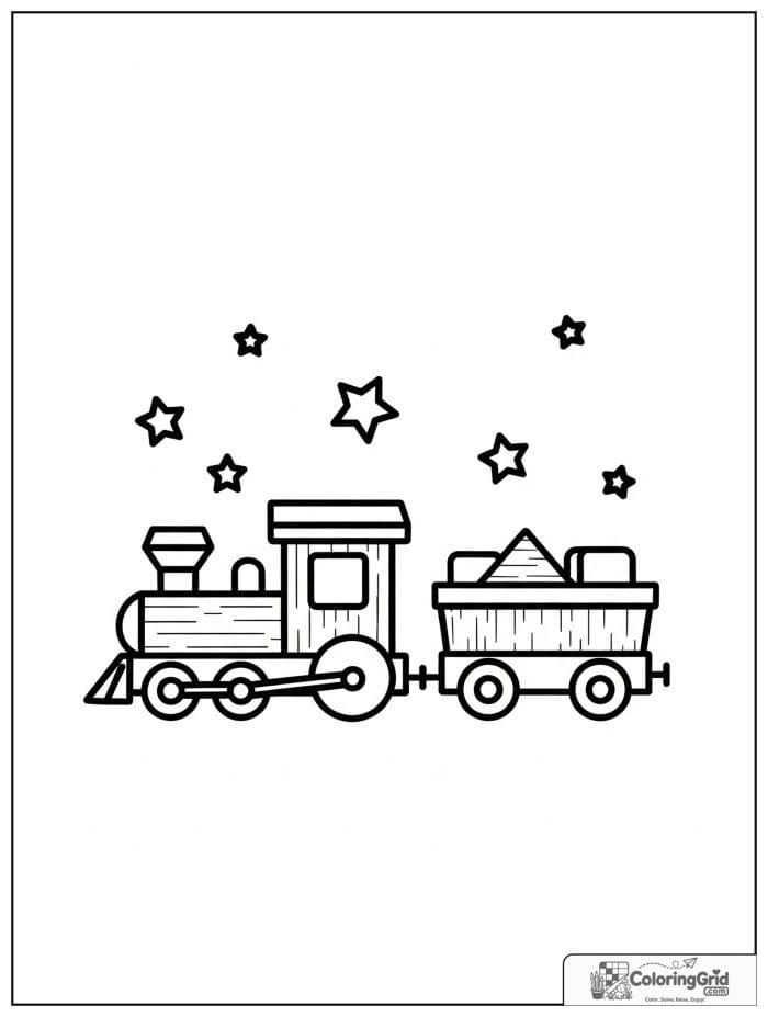 Toy train in black and white line art.