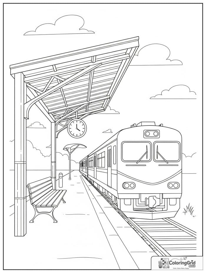 Train at a station platform in black and white line art.