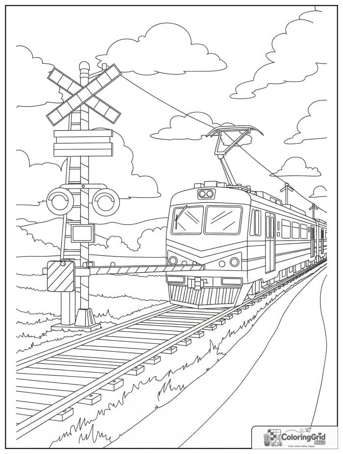 Train near a railroad crossing in black and white artwork.
