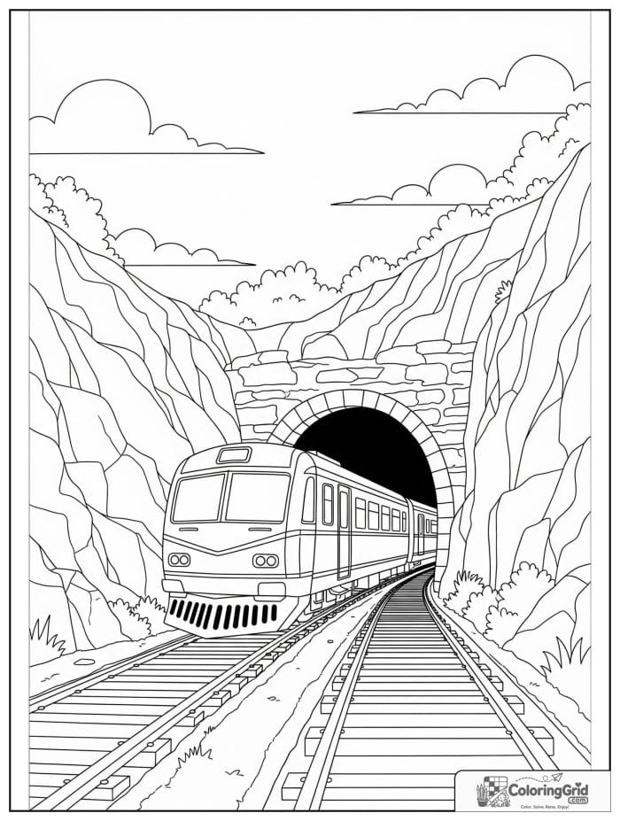 Train entering a tunnel in black and white line art.
