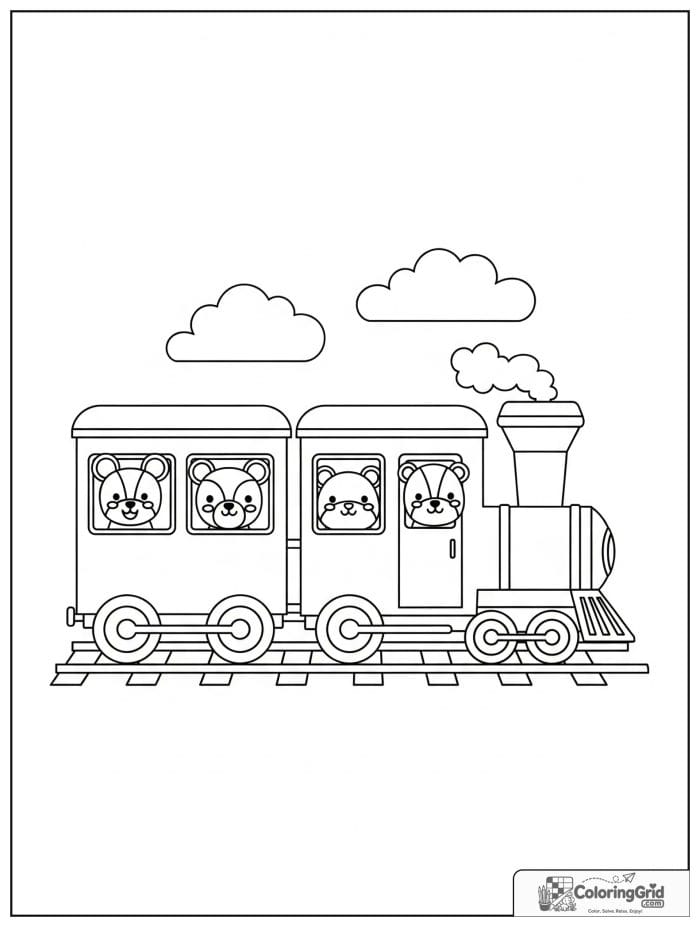 Cute train with animal passengers in black and white.