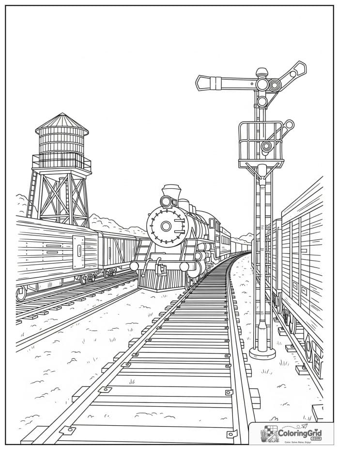 Train yard scene in black and white line art.