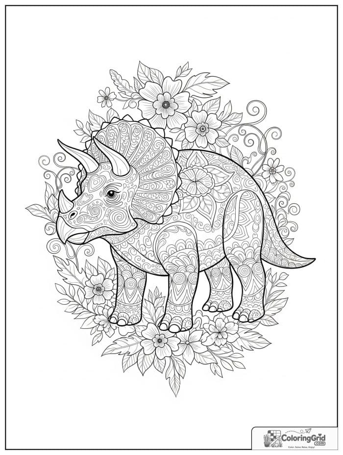 Triceratops among flowers and vines coloring sheet