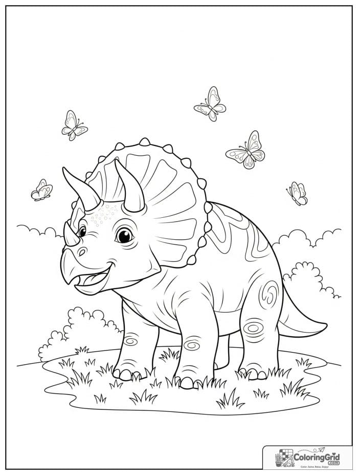 Triceratops and butterflies coloring sheet