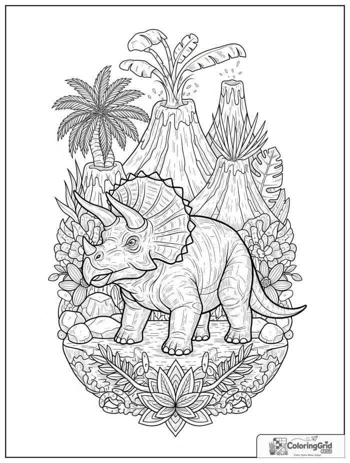 Triceratops and volcano frame coloring sheet