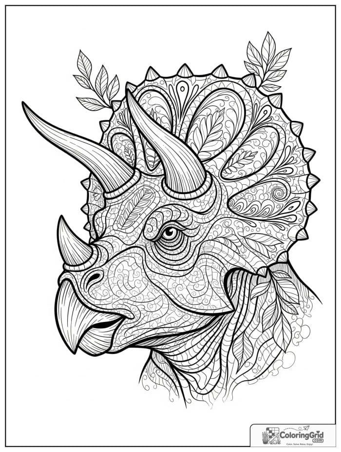 Close-up triceratops head in black and white line art.