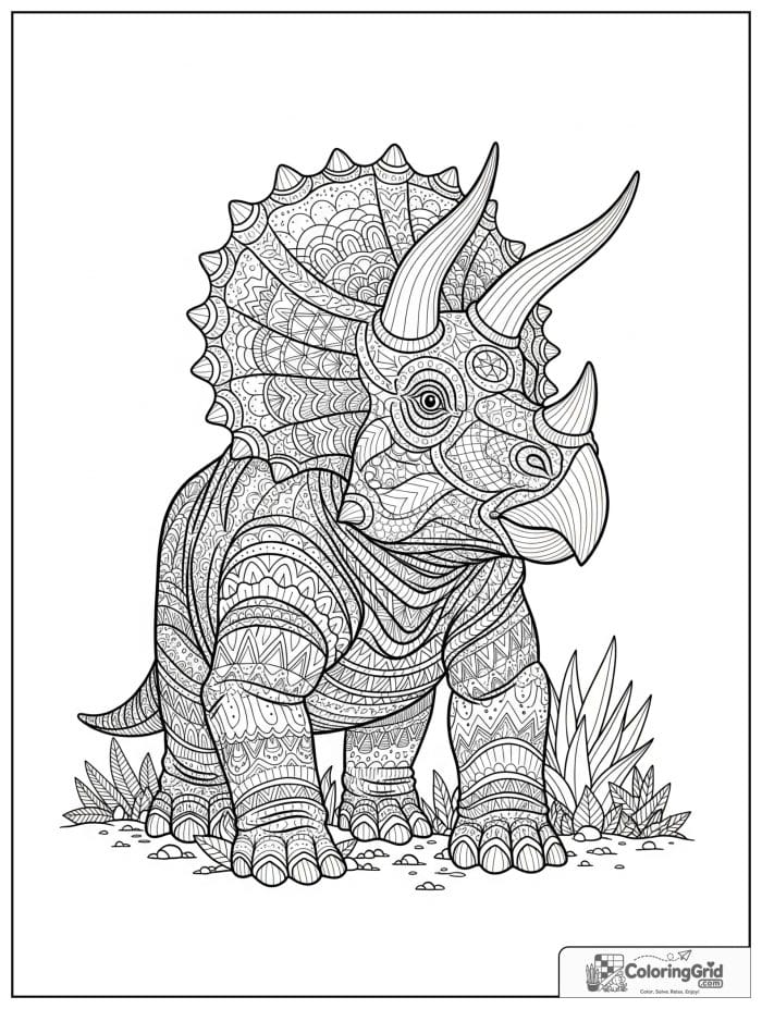 Detailed triceratops with patterned frill in black and white.