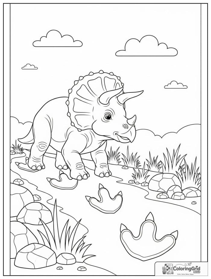 Triceratops with a trail of footprints in black and white.