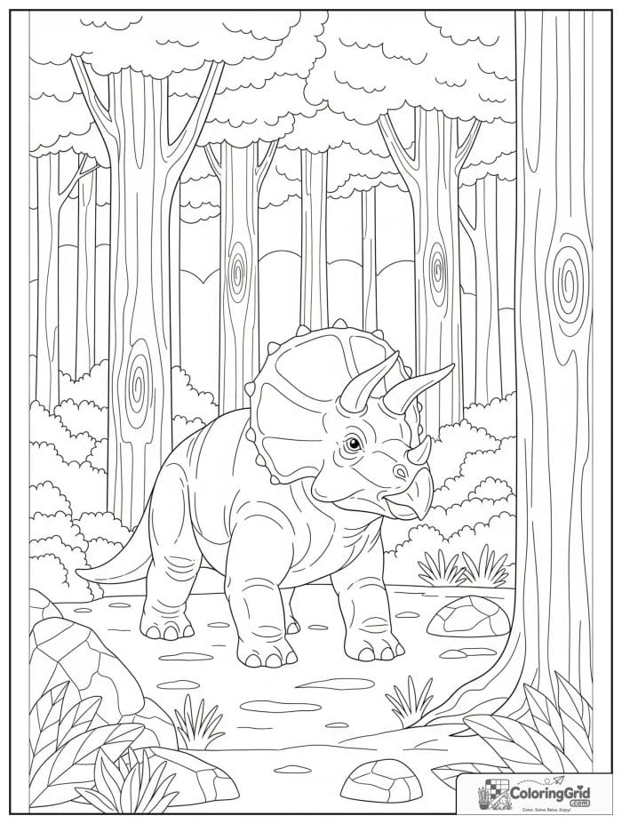 Triceratops in a forest clearing in black and white.