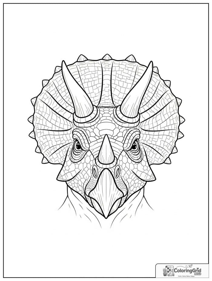 Front view triceratops face in black and white artwork.