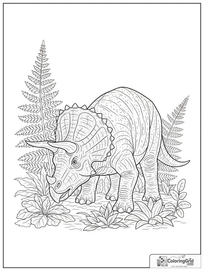 Grazing triceratops among ferns in black and white.