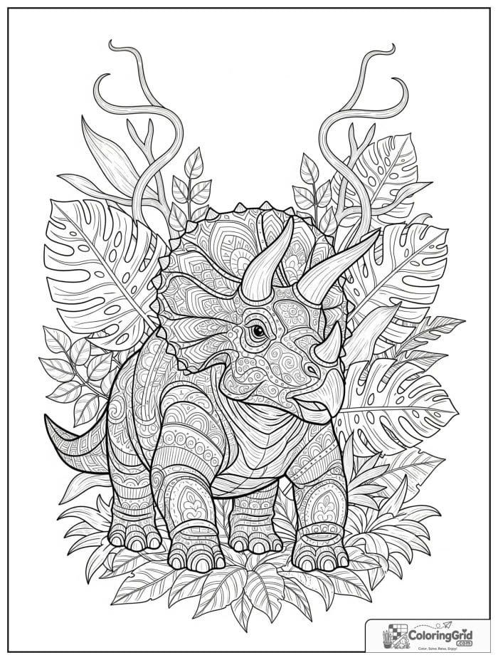 Triceratops framed by jungle leaves in black and white.