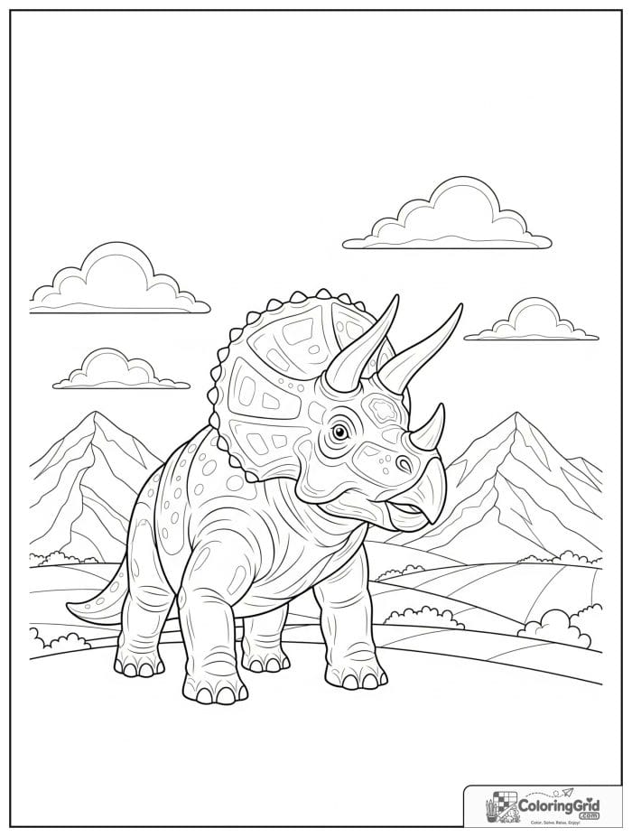Triceratops with mountains in the background in black and white.