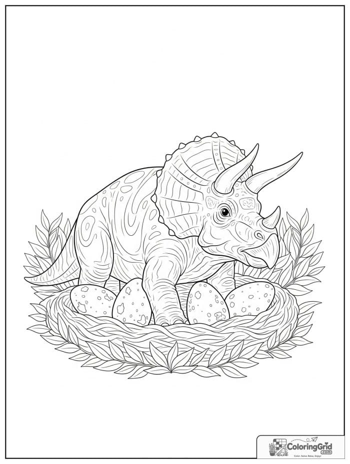 Triceratops by a nest of eggs in black and white line art.