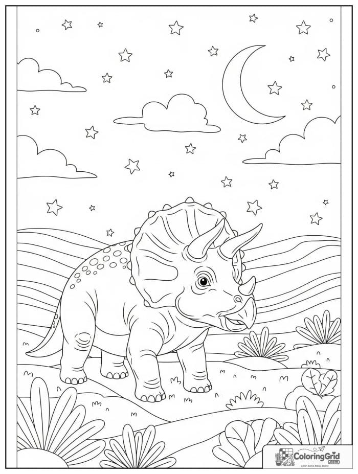 Triceratops under a starry night sky in black and white.