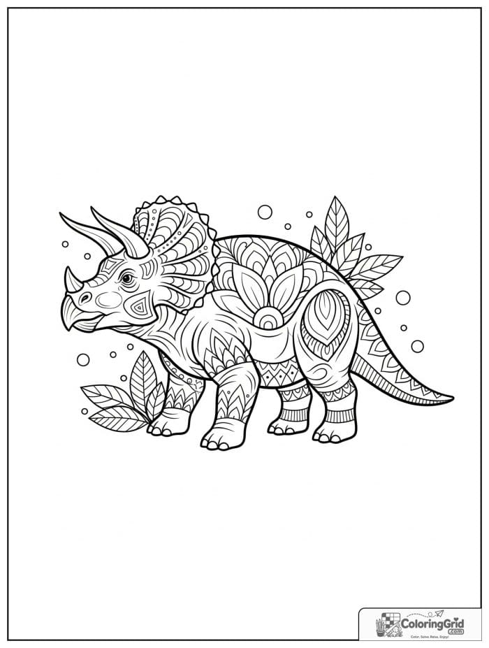 Ornamental triceratops with patterned body in black and white.