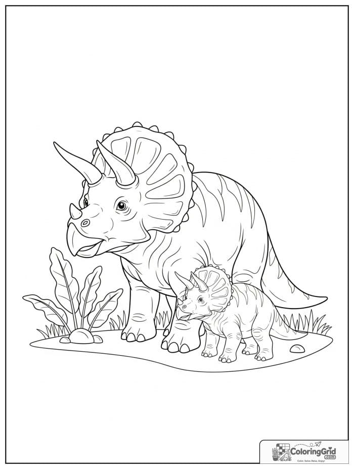 Parent and baby triceratops in black and white line art.
