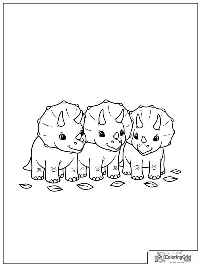 Three baby triceratops in black and white artwork.