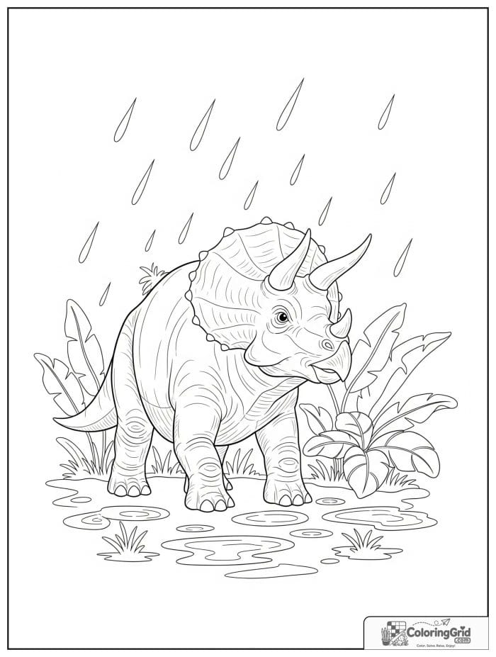 Triceratops walking in rain in black and white line art.