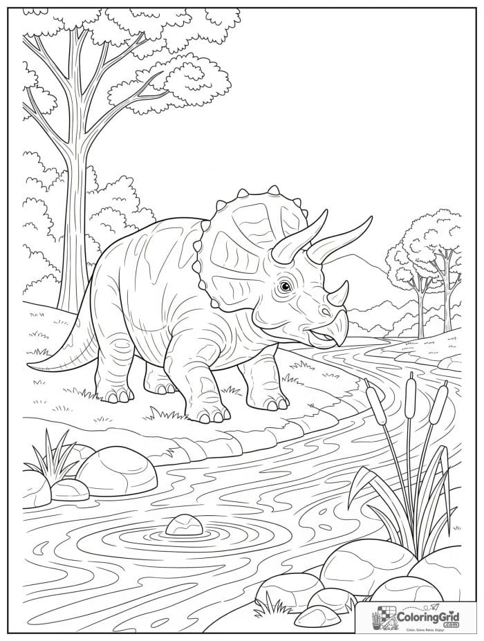 Triceratops by a riverbank in black and white line art.
