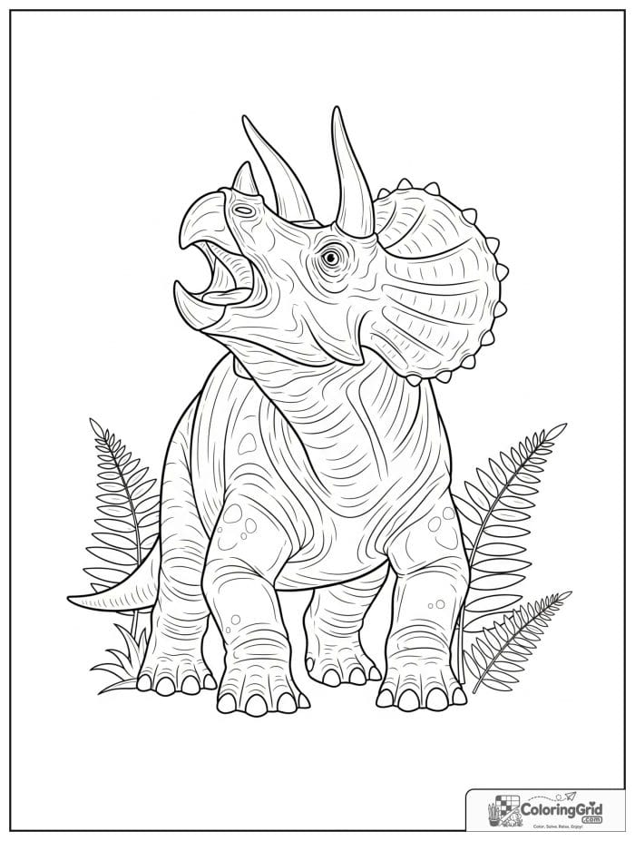 Roaring triceratops in black and white line art.