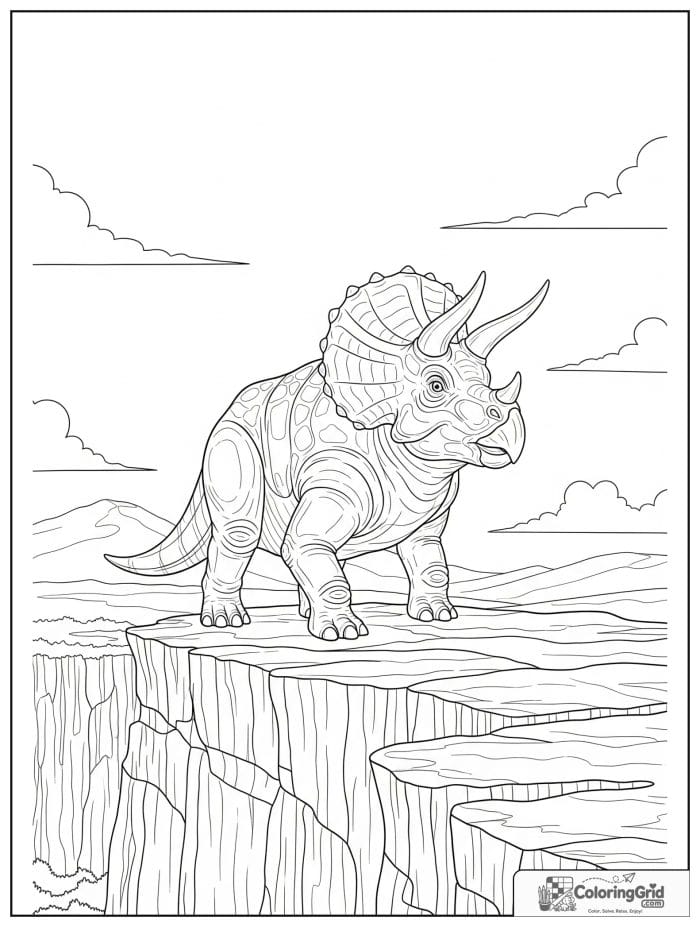Triceratops on a rocky cliff in black and white artwork.