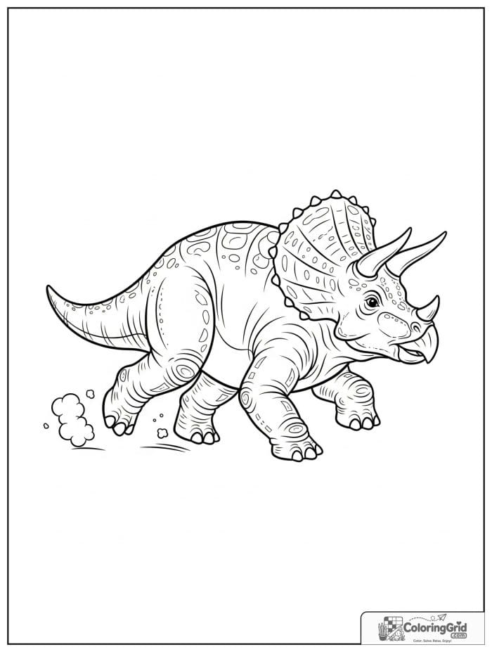 Running triceratops in black and white line art.