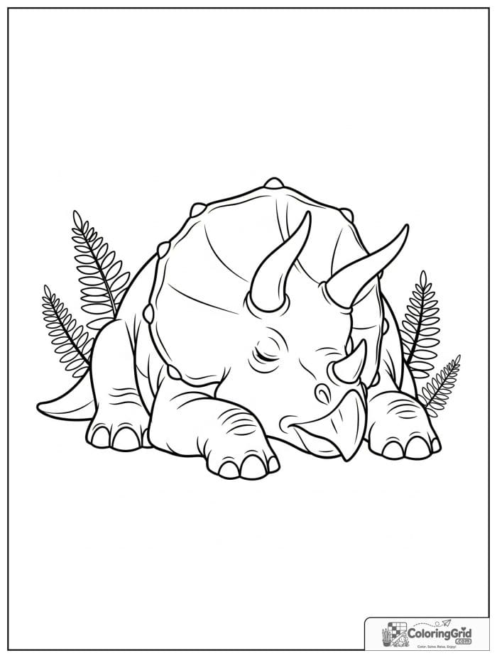 Sleeping triceratops in black and white artwork.