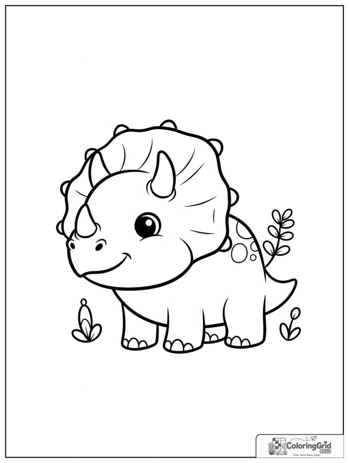 Cute smiling cartoon triceratops in black and white.