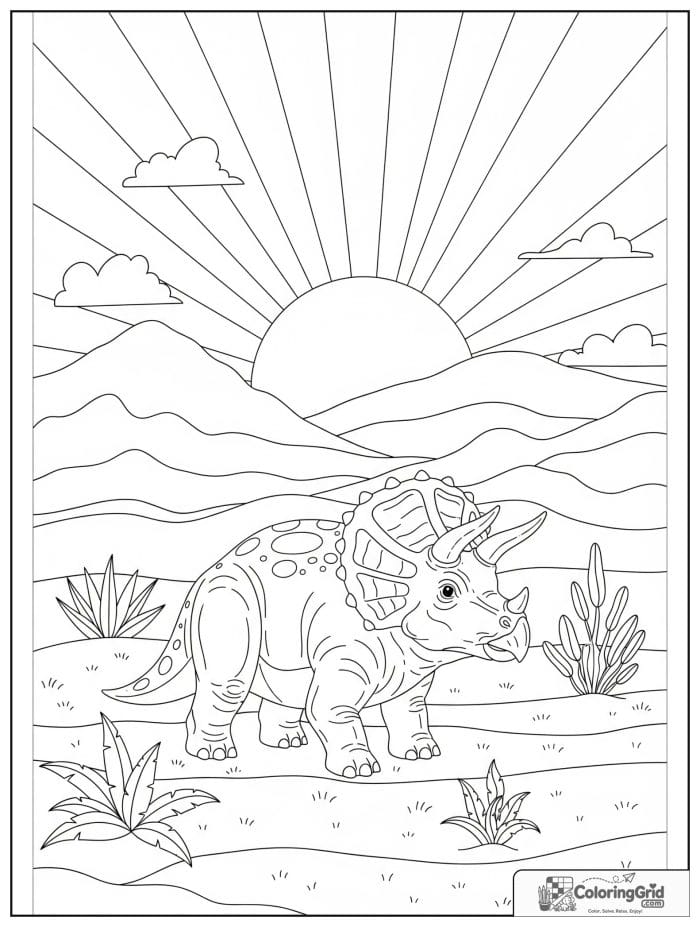 Triceratops at sunrise in black and white artwork.