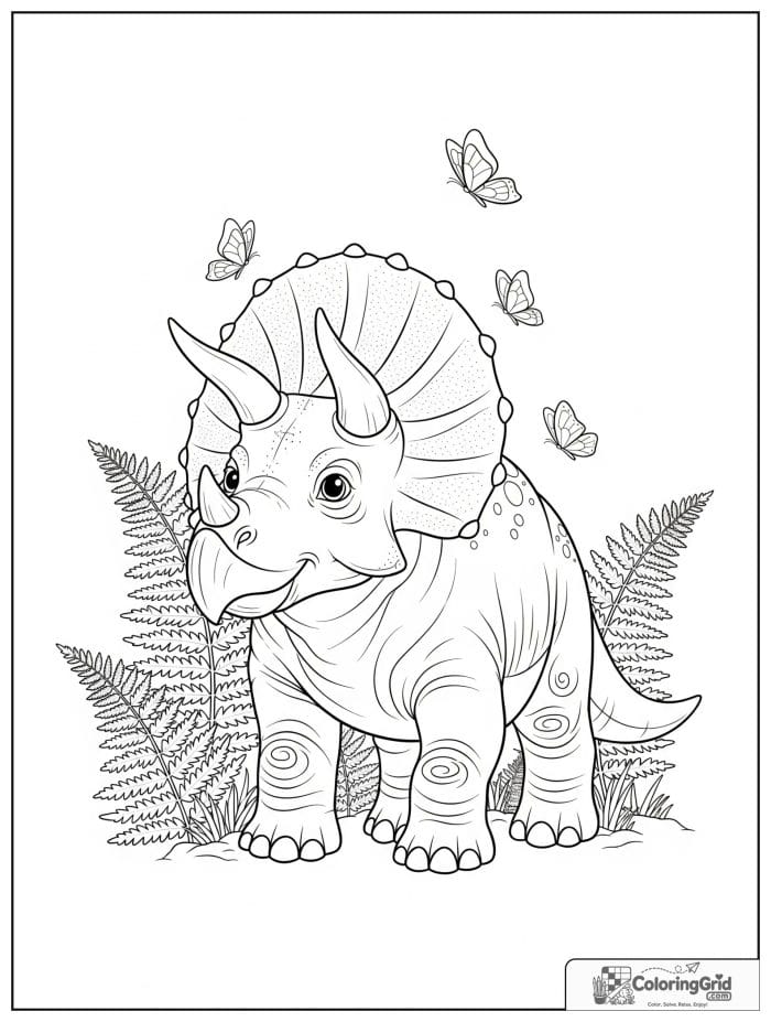 Triceratops with butterflies in black and white line art.