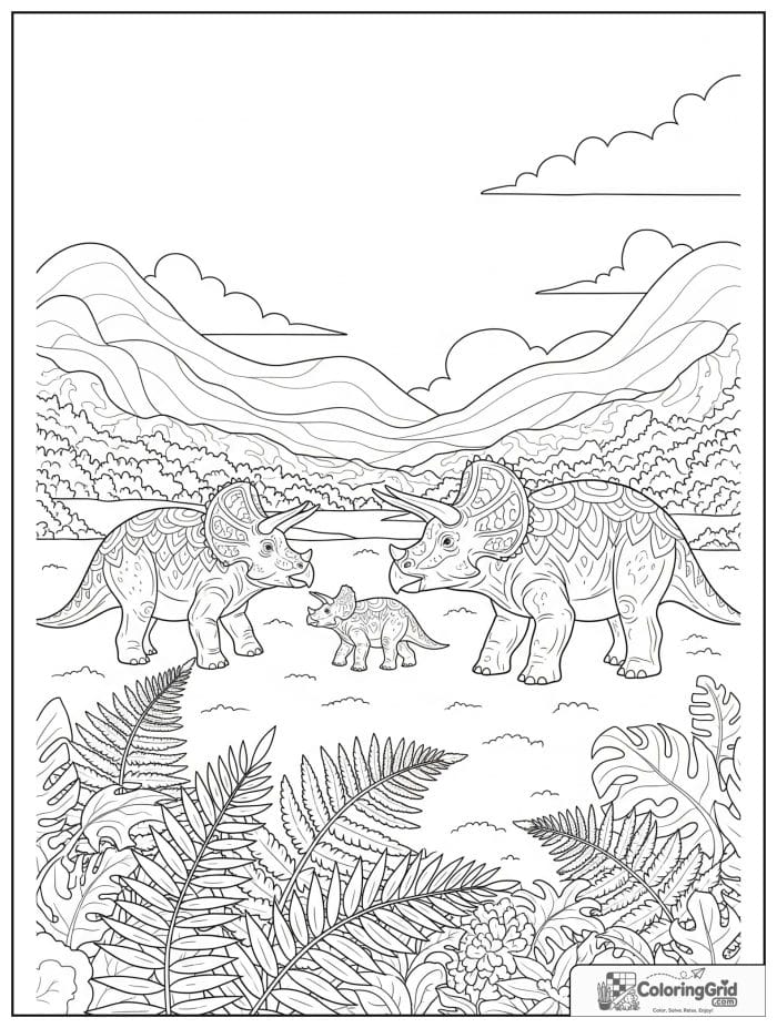 Triceratops family scene in black and white artwork.