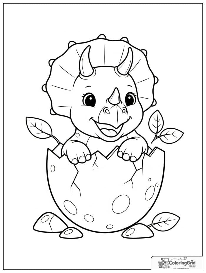 Baby triceratops hatching from an egg in black and white.