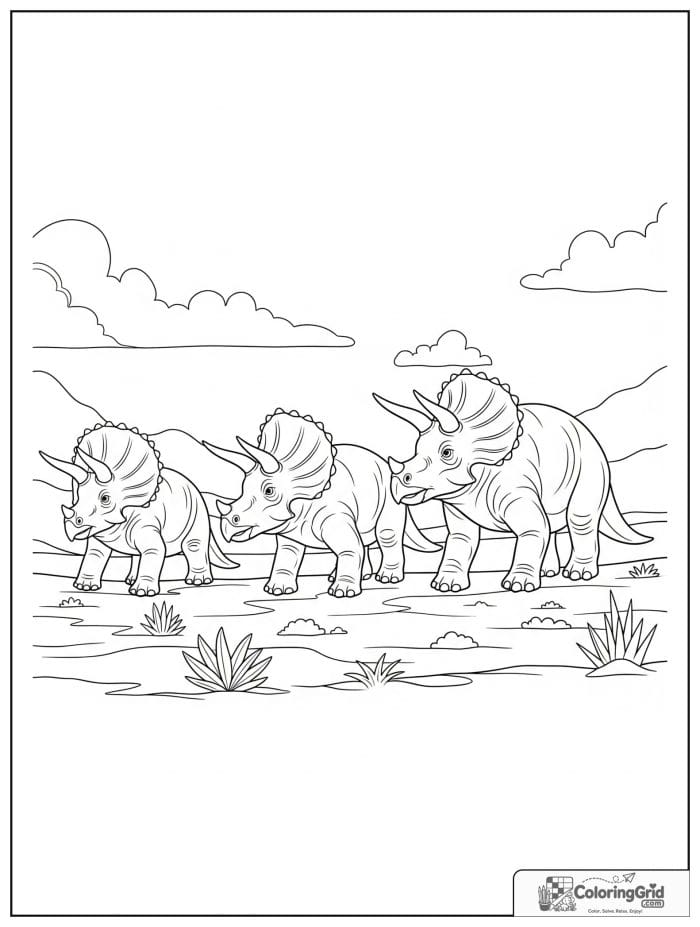 Small triceratops herd in black and white artwork.