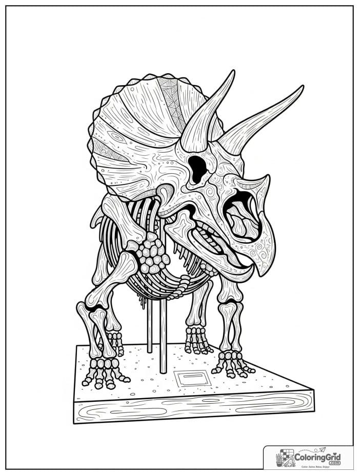 Triceratops skeleton in black and white line art.