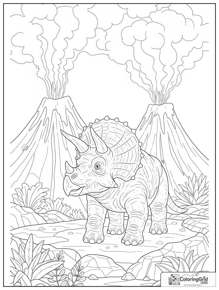 Triceratops with a volcano in the background in black and white.