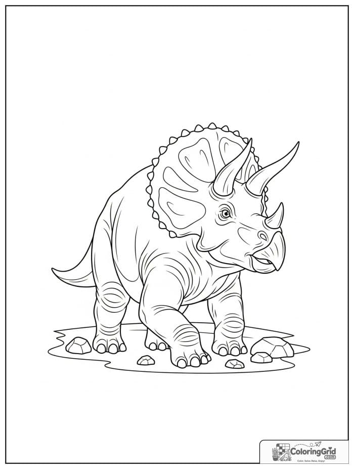 Walking triceratops in black and white artwork.