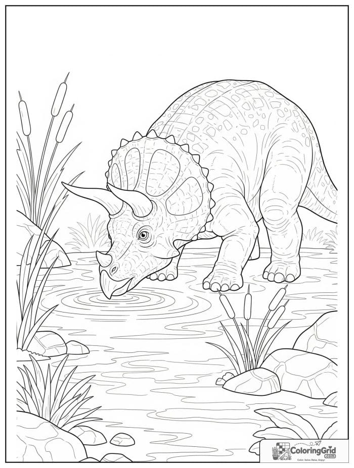 Triceratops drinking at a watering hole in black and white.