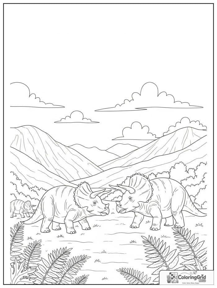 Triceratops herd in valley coloring sheet