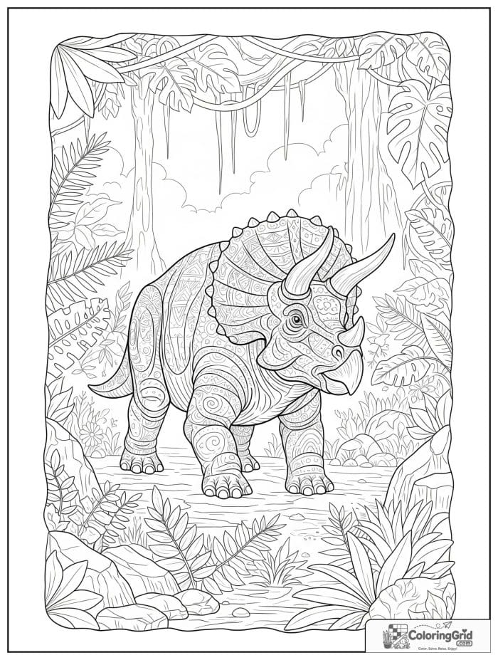 Triceratops in jungle scene coloring sheet