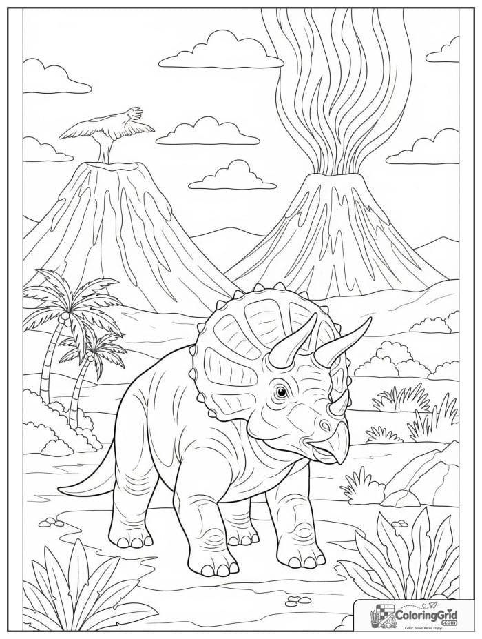 Triceratops near volcano coloring sheet