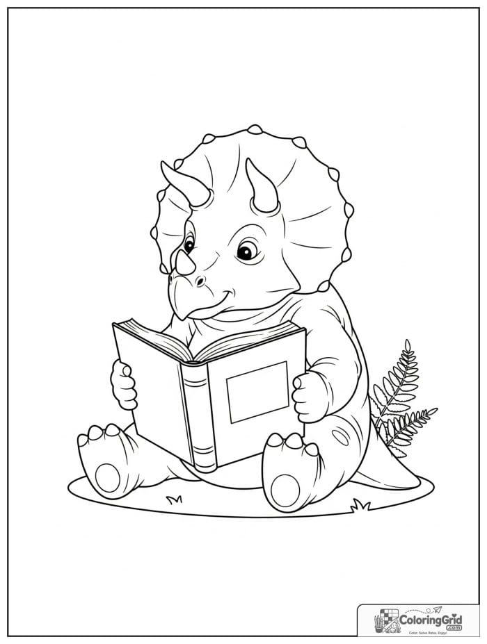 Triceratops reading book coloring sheet