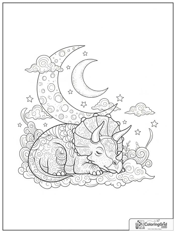 Triceratops under moon and stars coloring sheet