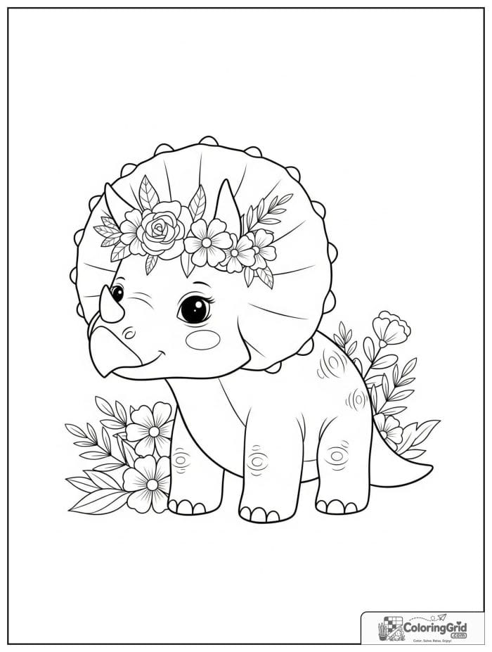 Triceratops with flower crown coloring sheet