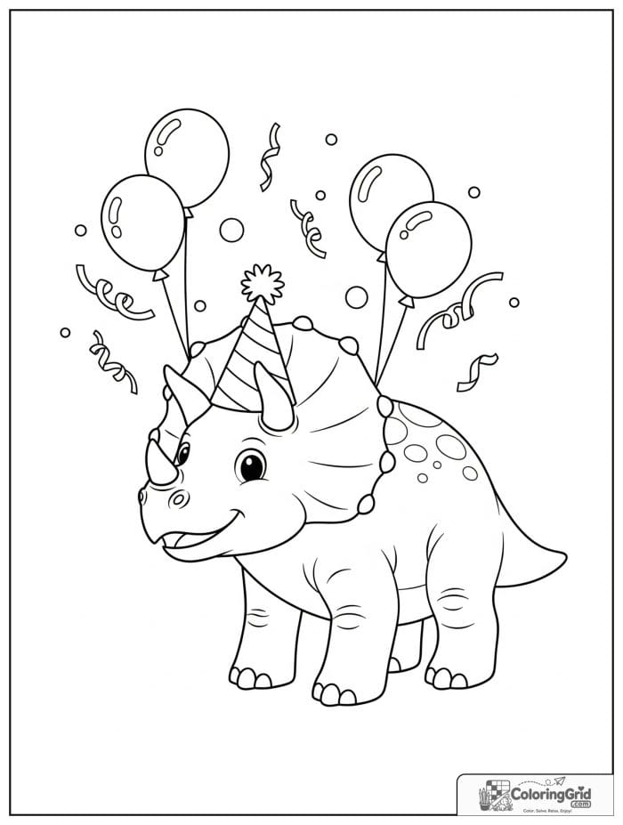 Triceratops with party hat coloring sheet